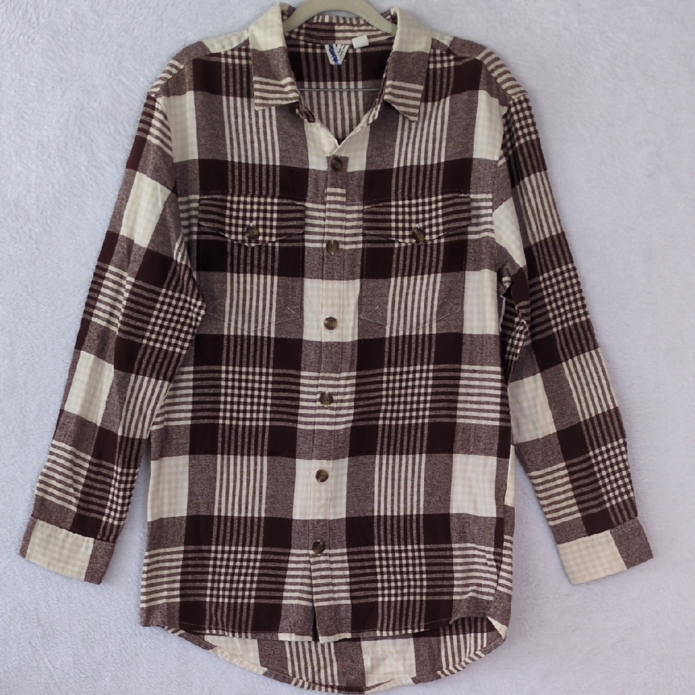 ROXY Women's Brown Plaid Flannel Oversized Button Down Shirt Size XS